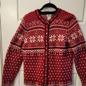 LL Bean Red and White Snowflake Sweater